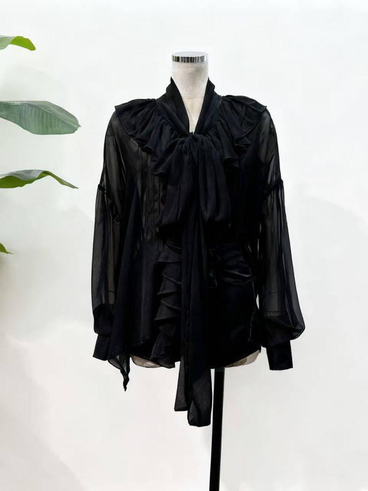TWOTWINSTYLE Solid Stand Collar Spliced Ruffles Shirt