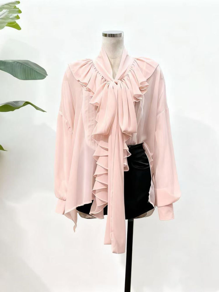 TWOTWINSTYLE Solid Stand Collar Spliced Ruffles Shirt