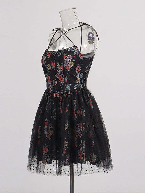 TWOTWINSTYLE Floral Tunic Spliced Mesh Mini Dress