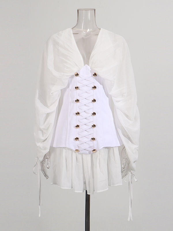 TWOTWINSTYLE V Neck Patchwork Strap Puff Sleeve Designer Dress