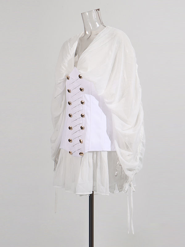 TWOTWINSTYLE V Neck Patchwork Strap Puff Sleeve Designer Dress