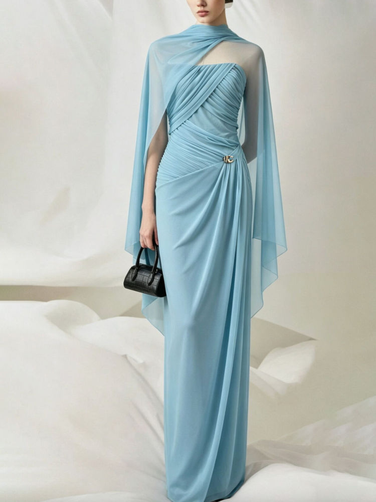 TWOTWINSTYLE Pleated Spliced Shawl Metal Decoration Chic Maxi Dress