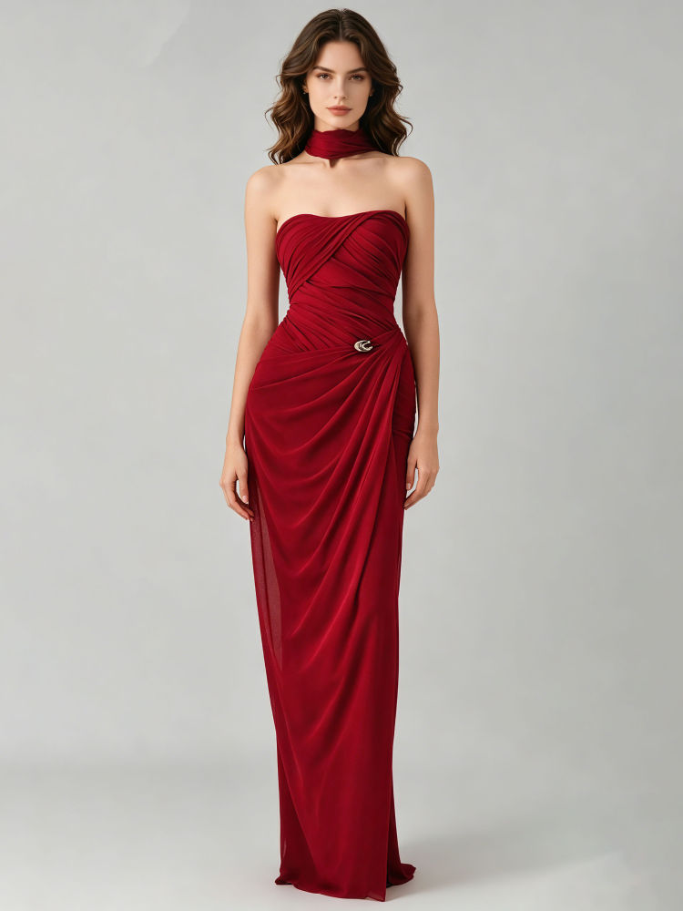 TWOTWINSTYLE Pleated Spliced Shawl Metal Decoration Chic Maxi Dress