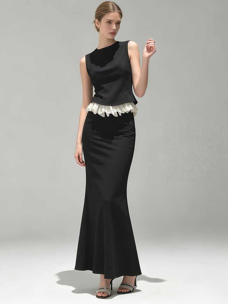 TWOTWINSTYLE Round Neck Sleeveless Spliced Lace Top Solid Long Skirt Vintage Set