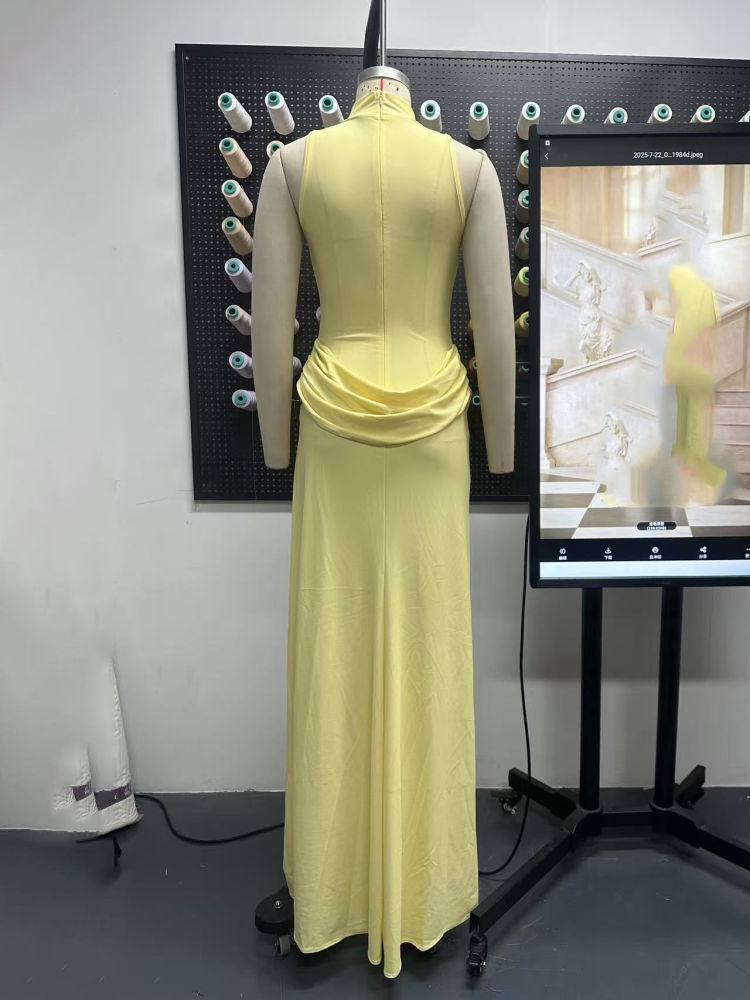 TWOTWINSTYLE Stand Collar Sleeveles Side Split Elegant Dress