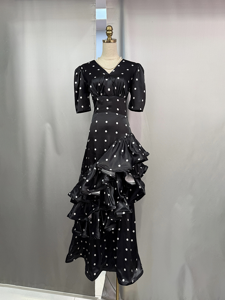 TWOTWINSTYLE Wave Point Puff Sleeves Tunic Irregular Ruffles Elegant Dress
