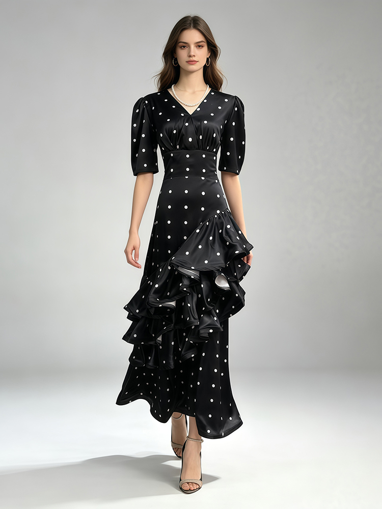 TWOTWINSTYLE Wave Point Puff Sleeves Tunic Irregular Ruffles Elegant Dress