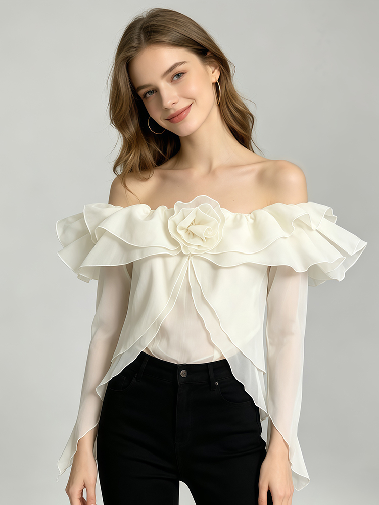 TWOTWINSTYLE Off The Shoulder Patchwork Flower Ruffles Elegant Blouse