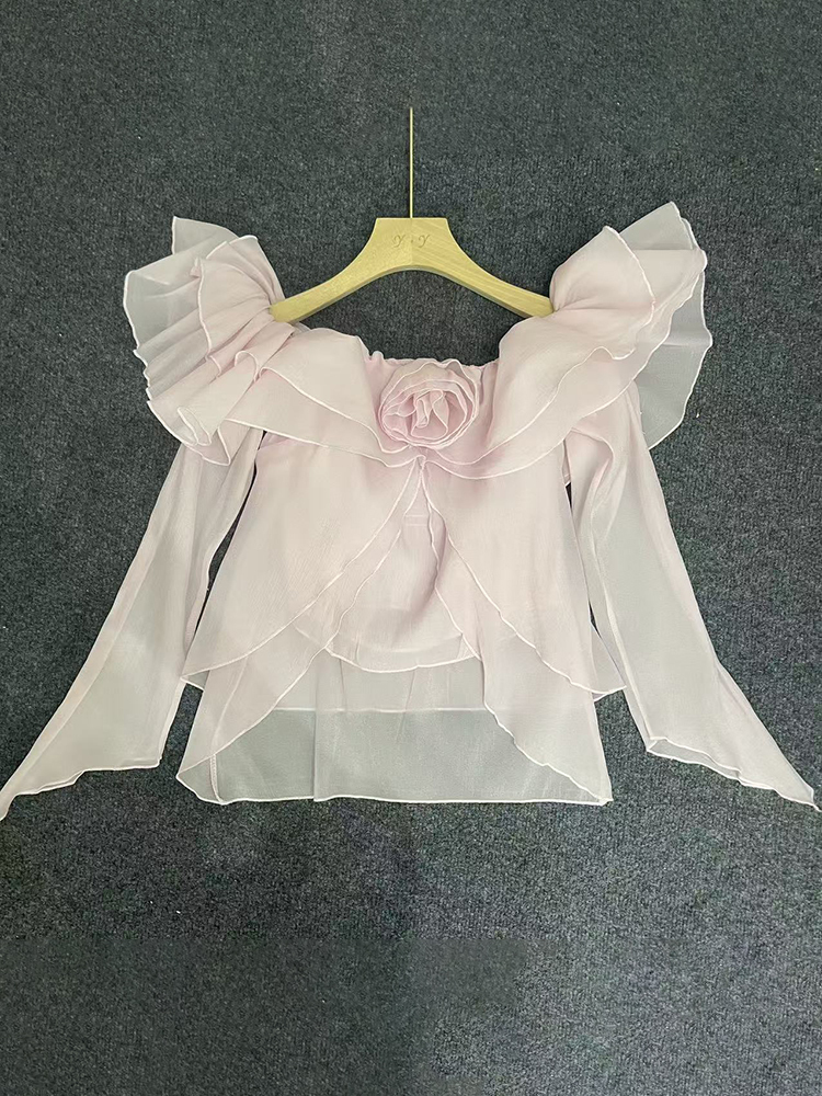 TWOTWINSTYLE Off The Shoulder Patchwork Flower Ruffles Elegant Blouse