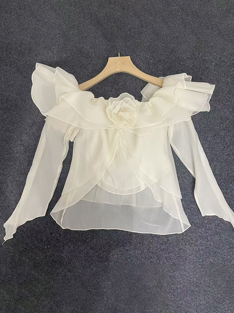 TWOTWINSTYLE Off The Shoulder Patchwork Flower Ruffles Elegant Blouse
