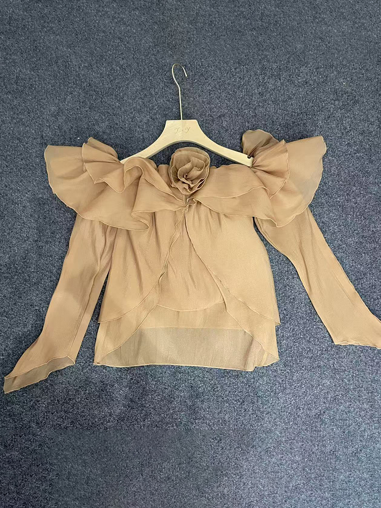 TWOTWINSTYLE Off The Shoulder Patchwork Flower Ruffles Elegant Blouse