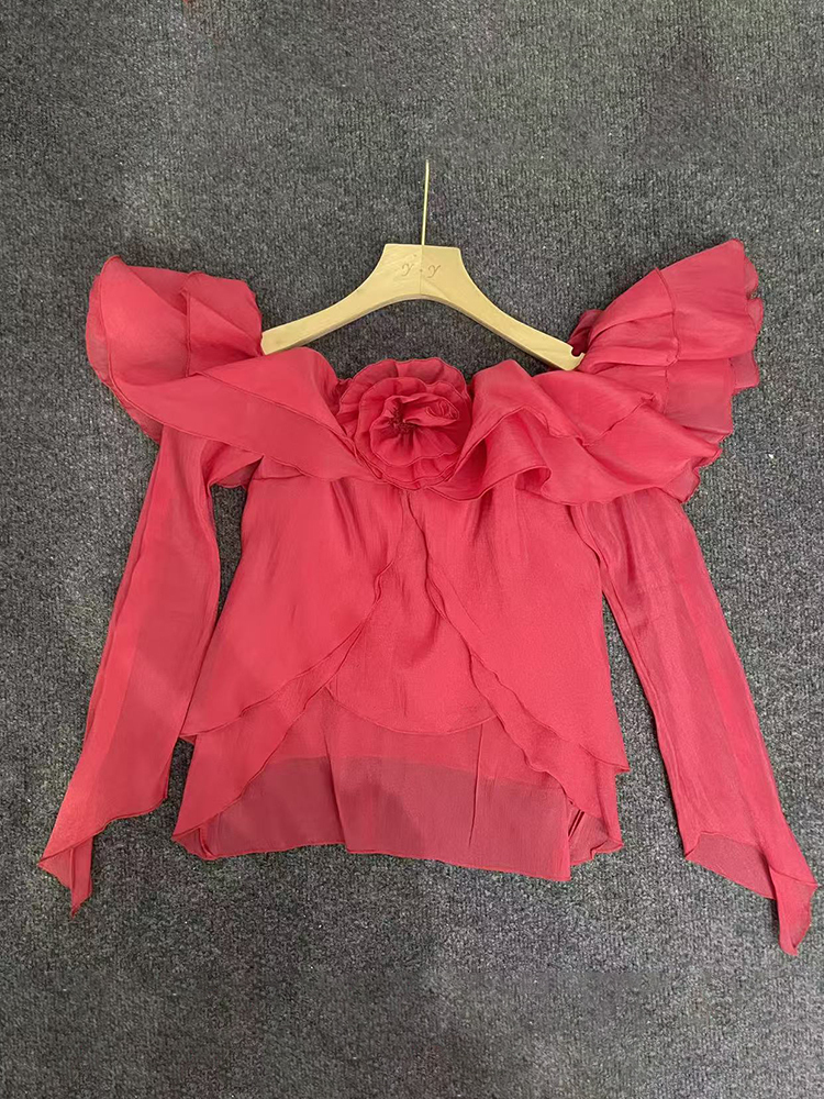 TWOTWINSTYLE Off The Shoulder Patchwork Flower Ruffles Elegant Blouse