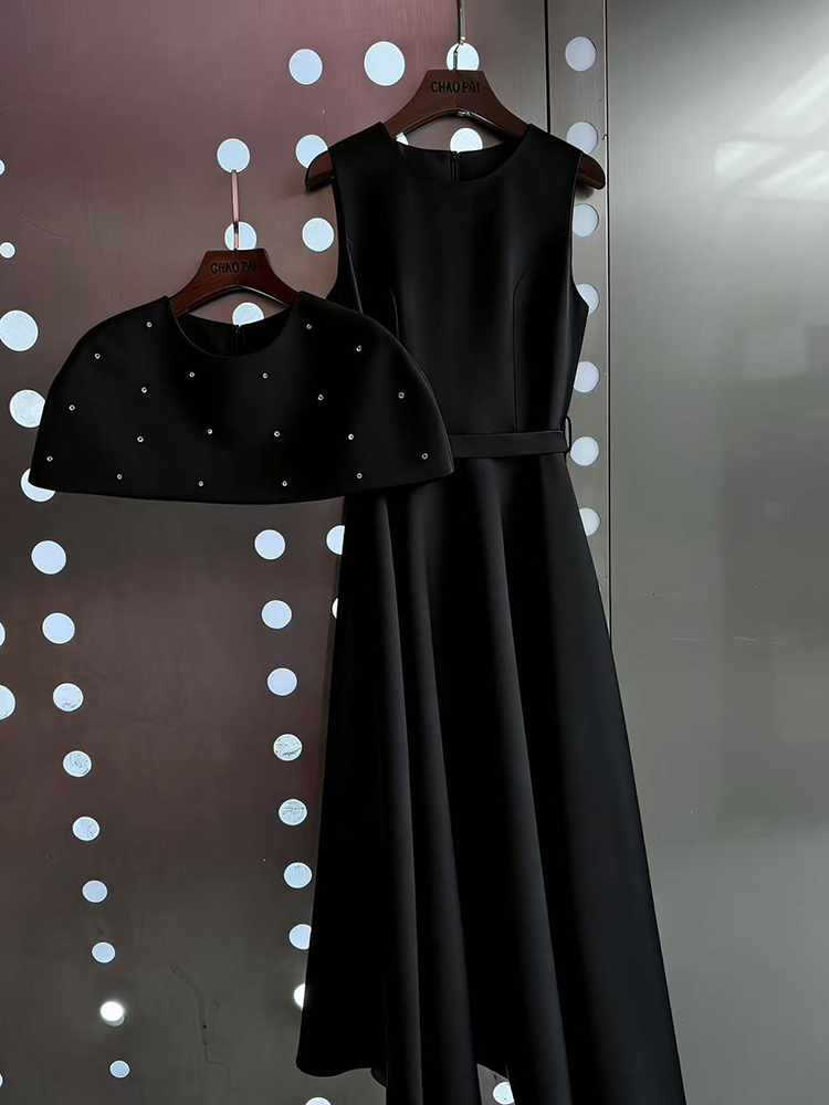 TWOTWINSTYLE Embroidered Flares Cape Sleeveless Tunic Midi Dress Elegant Set