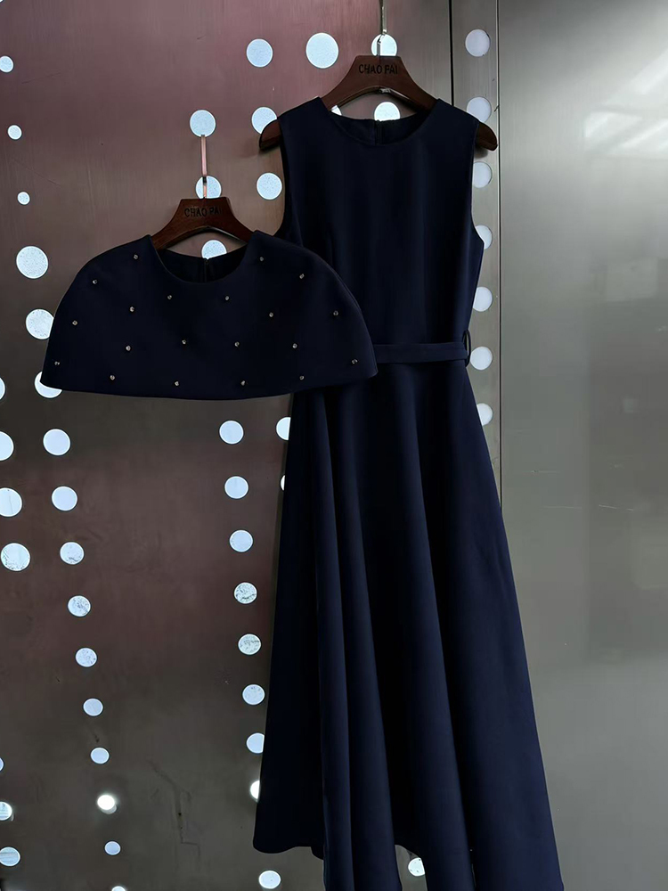 TWOTWINSTYLE Embroidered Flares Cape Sleeveless Tunic Midi Dress Elegant Set