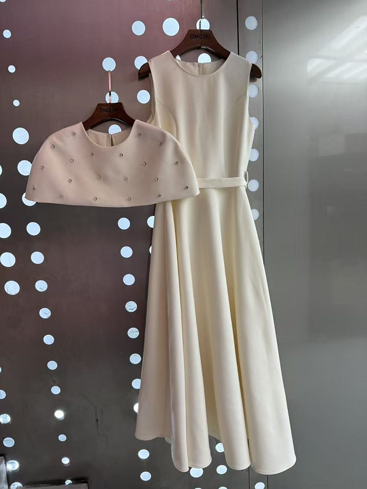 TWOTWINSTYLE Embroidered Flares Cape Sleeveless Tunic Midi Dress Elegant Set
