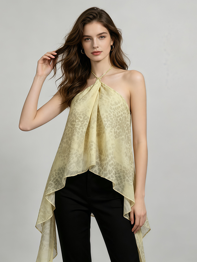 TWOTWINSTYLE Halter Neck Irregular Leopard Chic Chiffon Top