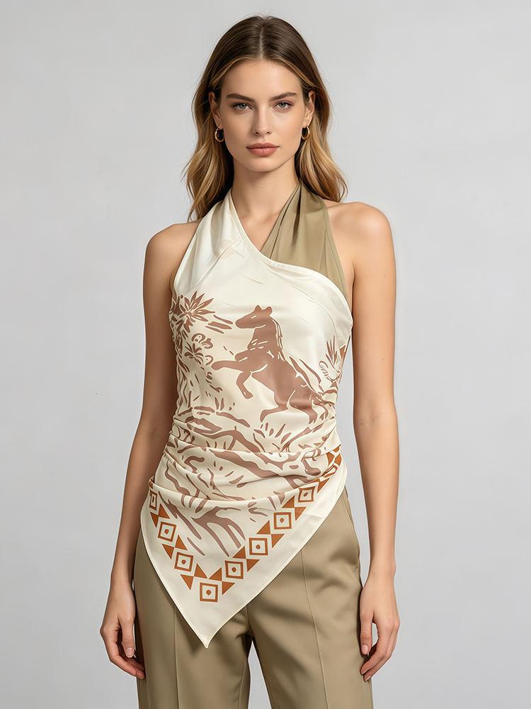 TWOTWINSTYLE Lace Up Backless Irregular Printed Silk-Style Vintage Top