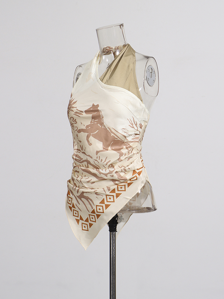 TWOTWINSTYLE Lace Up Backless Irregular Printed Silk-Style Vintage Top