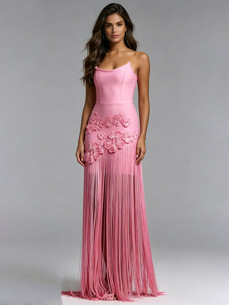TWOTWINSTYLE Off Shoulder Spliced Appliques Tassel Elegant Dress