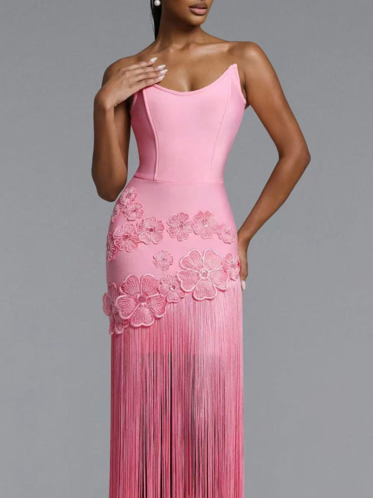 TWOTWINSTYLE Off Shoulder Spliced Appliques Tassel Elegant Dress