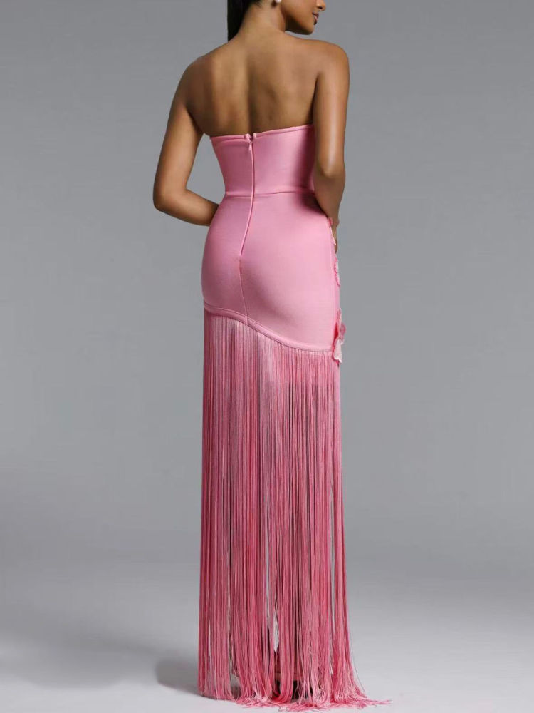 TWOTWINSTYLE Off Shoulder Spliced Appliques Tassel Elegant Dress