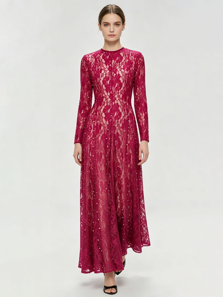TWOTWINSTYLE Round Neck Patchwork Diamond Lace Vintage Dress