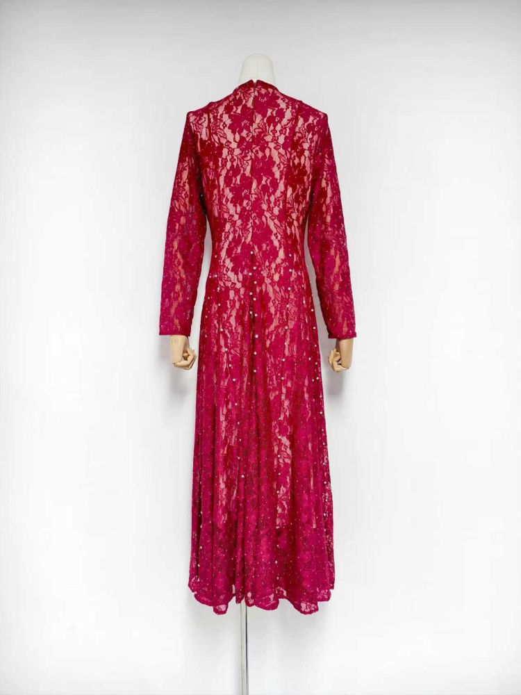 TWOTWINSTYLE Round Neck Patchwork Diamond Lace Vintage Dress