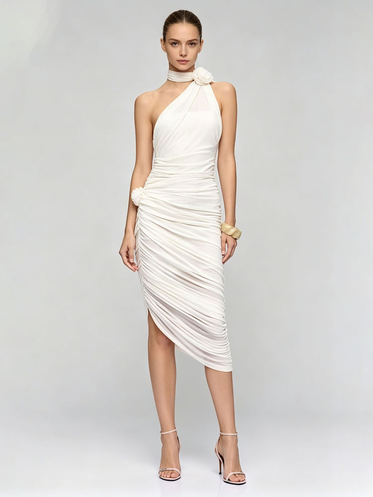TWOTWINSTYLE Ruched Patchwork 3D Flower Irregular Hem Chic Dress