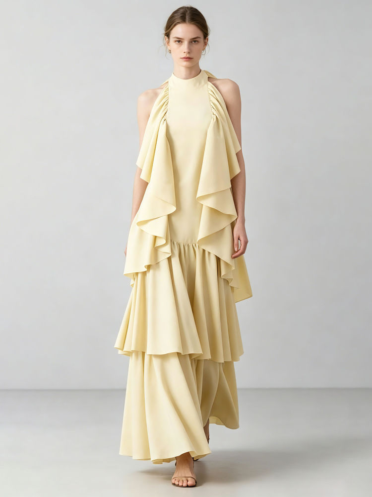 TWOTWINSTYLE Solid Stand Collar Backless Designer Dress