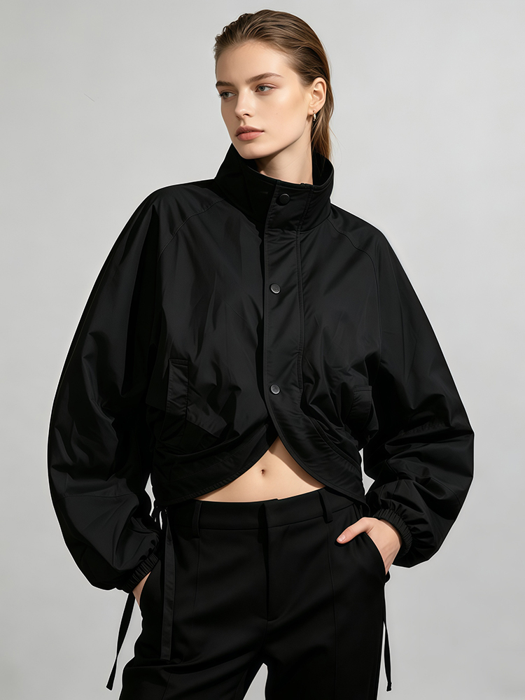 TWOTWINSTYLE Stand Collar Button Placket Drawstring Fashion Crop Jacket
