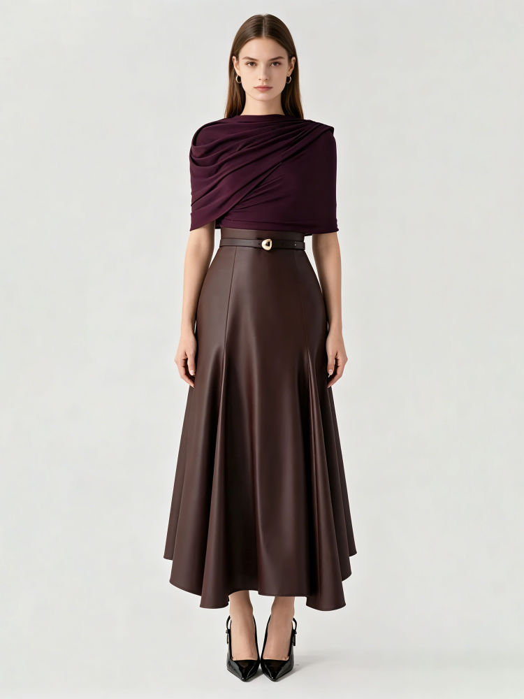 TWOTWINSTYLE Asymmetrical Sleeve Patchwork Pu Leather Belt Vintage Dress