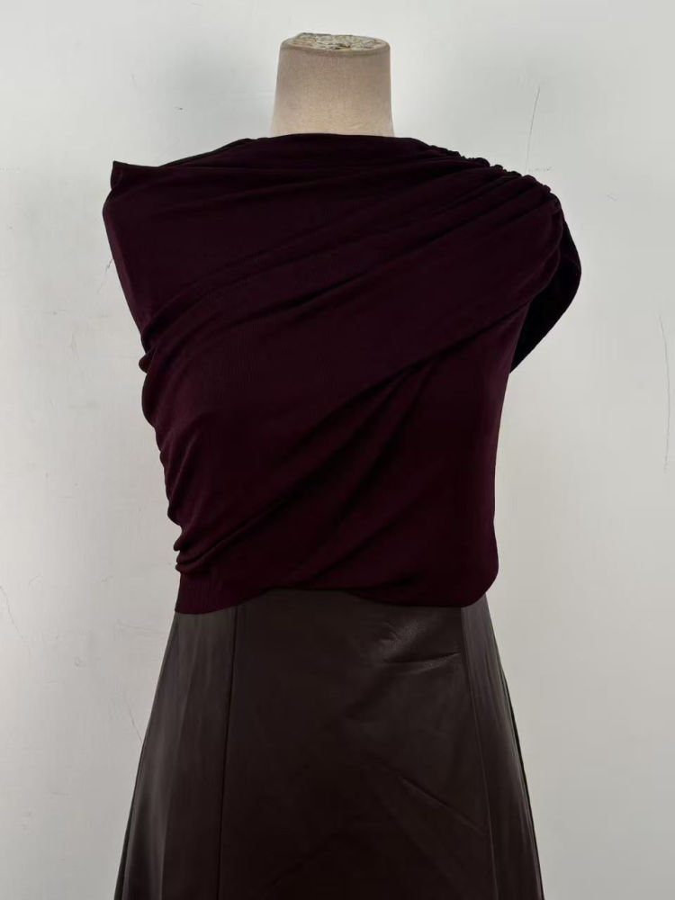 TWOTWINSTYLE Asymmetrical Sleeve Patchwork Pu Leather Belt Vintage Dress