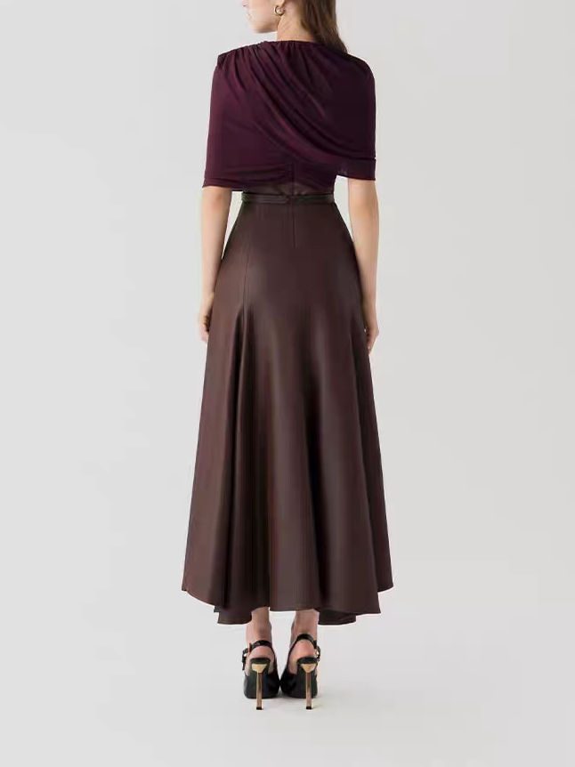 TWOTWINSTYLE Asymmetrical Sleeve Patchwork Pu Leather Belt Vintage Dress
