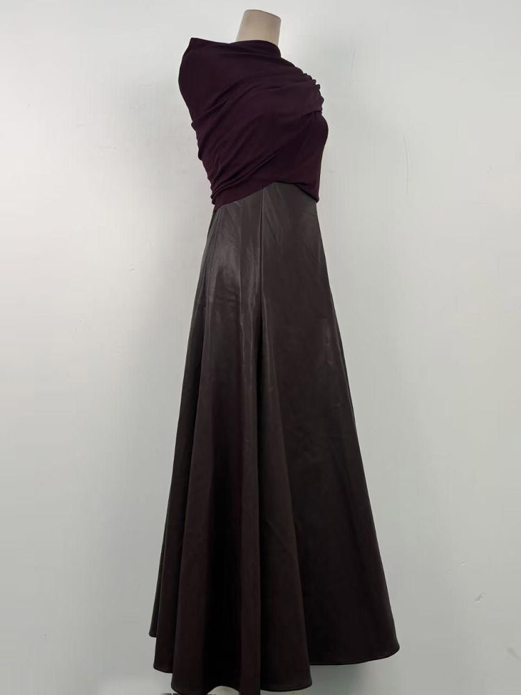 TWOTWINSTYLE Asymmetrical Sleeve Patchwork Pu Leather Belt Vintage Dress