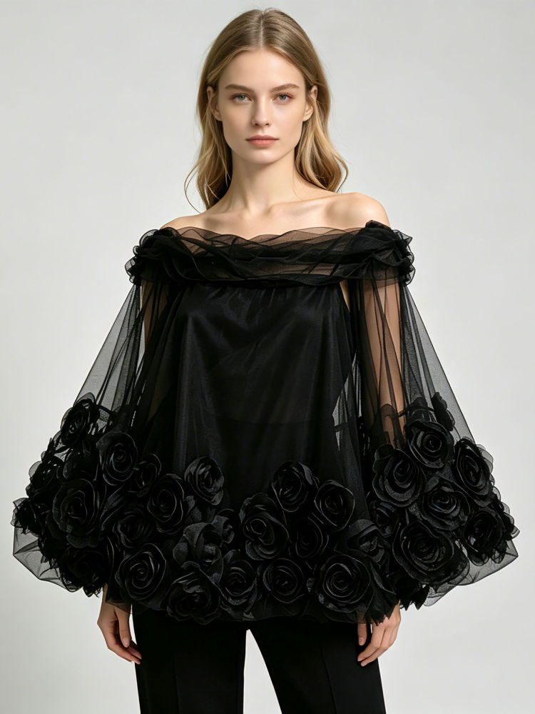 TWOTWINSTYLE Off Shoulder Spliced 3D Flower Mesh Temperament Shirt