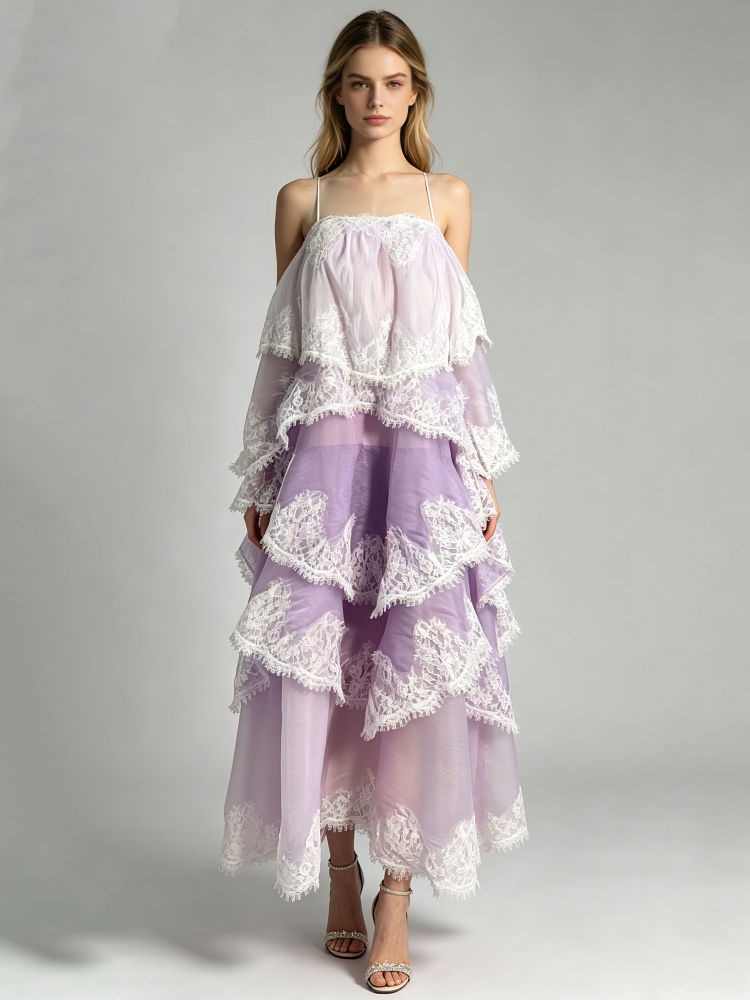 TWOTWINSTYLE Off Shoulder Spliced Lace Designer Camisole Dress