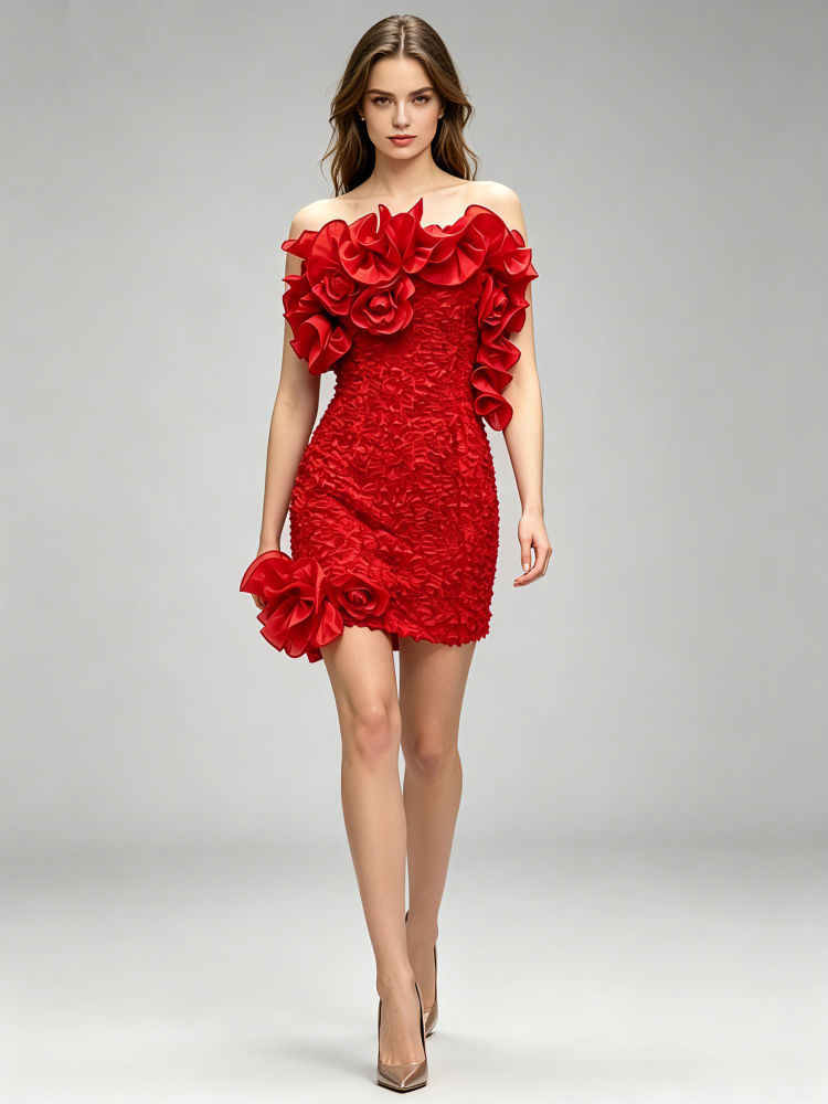TWOTWINSTYLE Patchwork 3D Flower High Waist Chic Mini Dress