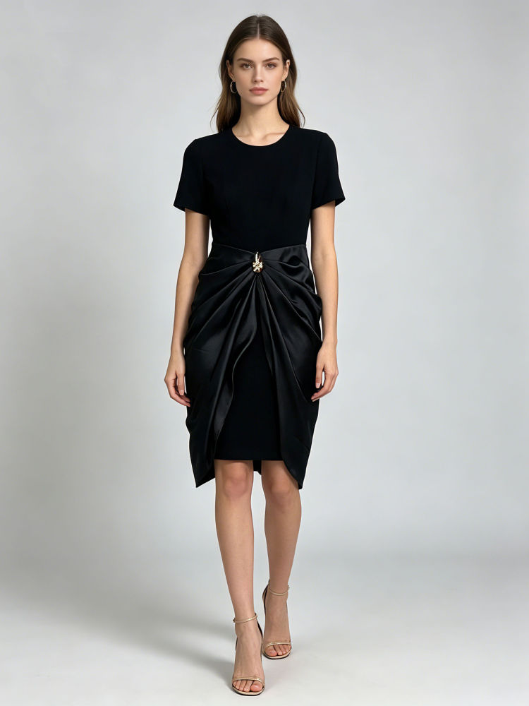 TWOTWINSTYLE Round Neck Short Sleeve Pleated Elegant Dress