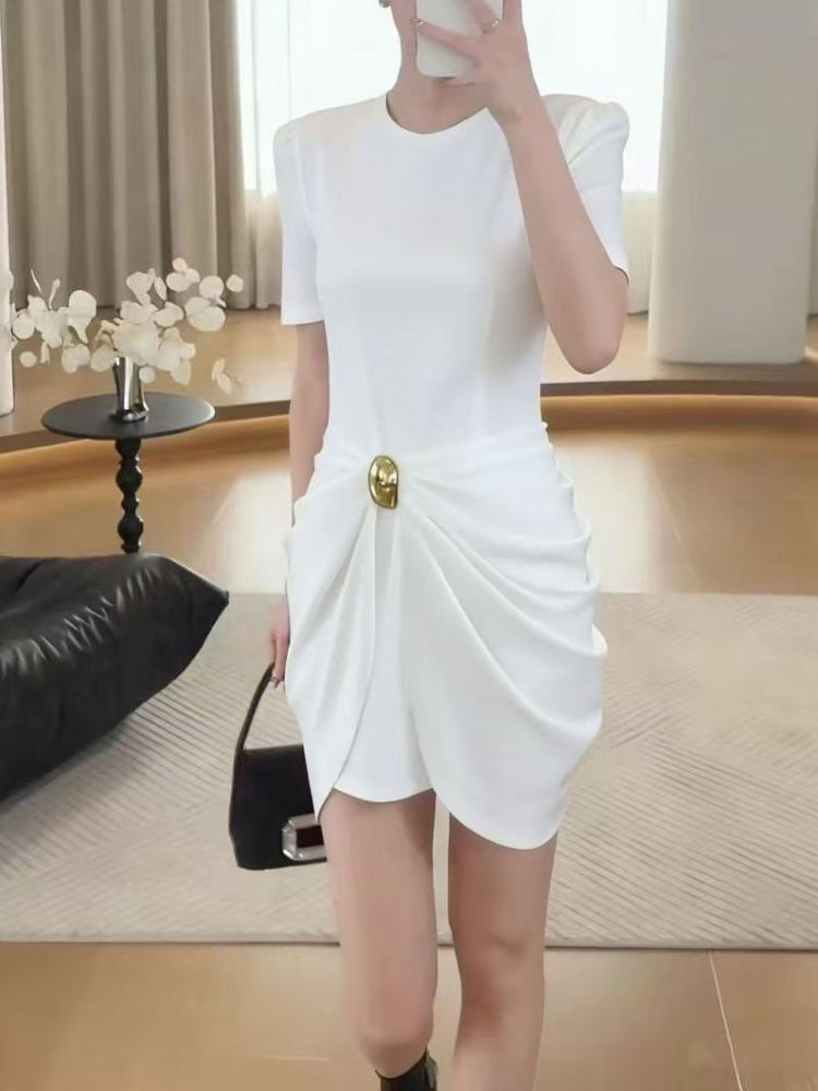 TWOTWINSTYLE Round Neck Short Sleeve Pleated Elegant Dress
