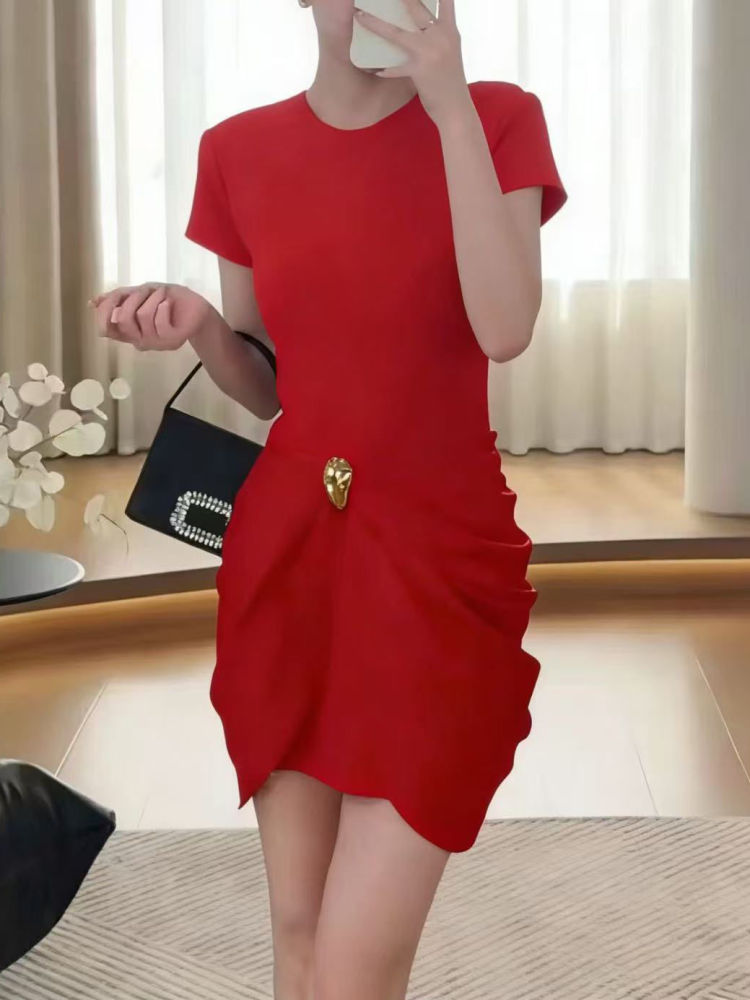 TWOTWINSTYLE Round Neck Short Sleeve Pleated Elegant Dress