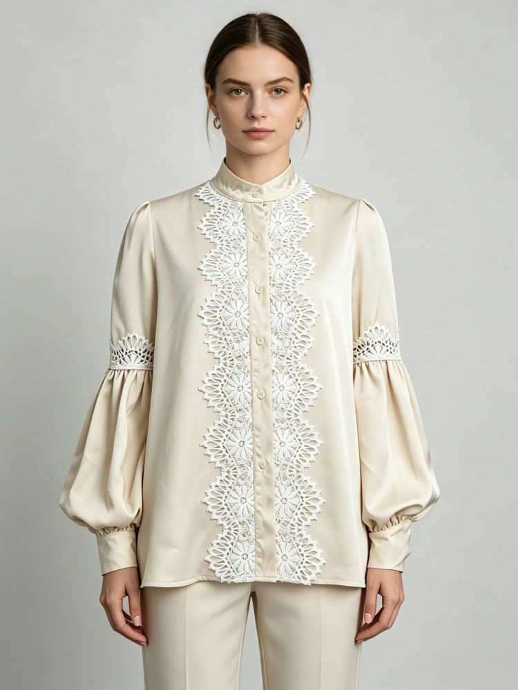 TWOTWINSTYLE Stand Collar Long Sleeve Patchwork Lace Designer Shirt