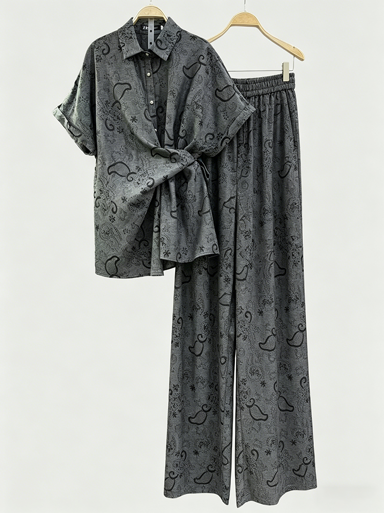 TWOTWINSTYLE Lapel Short Sleeves Spliced Lace Up Top Loose Wide Leg Pants Chic Set