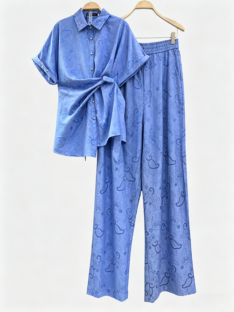 TWOTWINSTYLE Lapel Short Sleeves Spliced Lace Up Top Loose Wide Leg Pants Chic Set