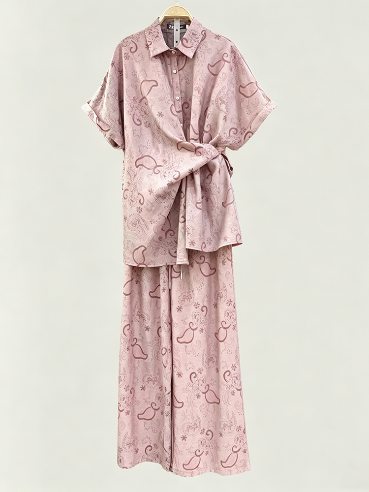 TWOTWINSTYLE Lapel Short Sleeves Spliced Lace Up Top Loose Wide Leg Pants Chic Set