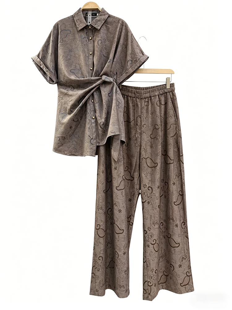 TWOTWINSTYLE Lapel Short Sleeves Spliced Lace Up Top Loose Wide Leg Pants Chic Set