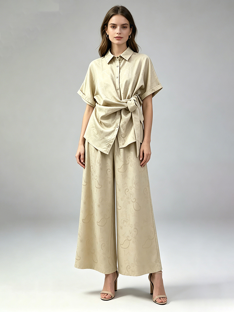 TWOTWINSTYLE Lapel Short Sleeves Spliced Lace Up Top Loose Wide Leg Pants Chic Set