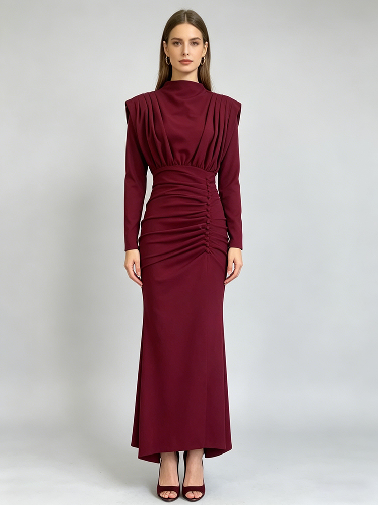 TWOTWINSTYLE Pleated Long Sleeves Tunic Solid Elegant Dress