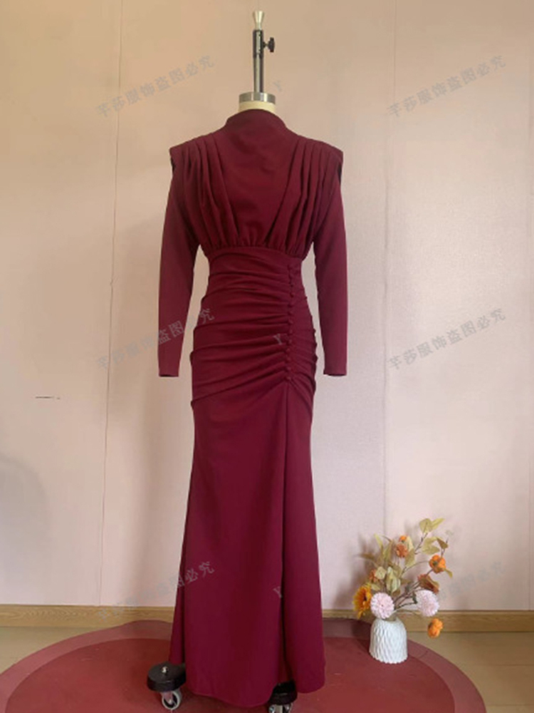 TWOTWINSTYLE Pleated Long Sleeves Tunic Solid Elegant Dress