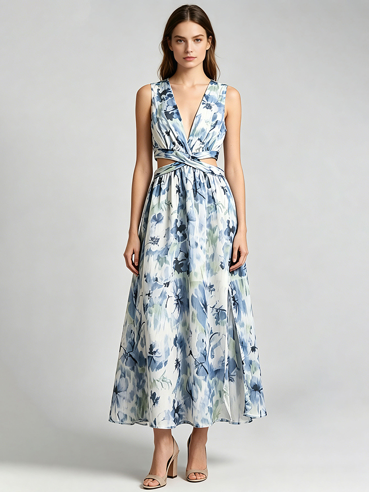 TWOTWINSTYLE Sleeveless Deep V Neck Hollow Out Elegant Print Dress