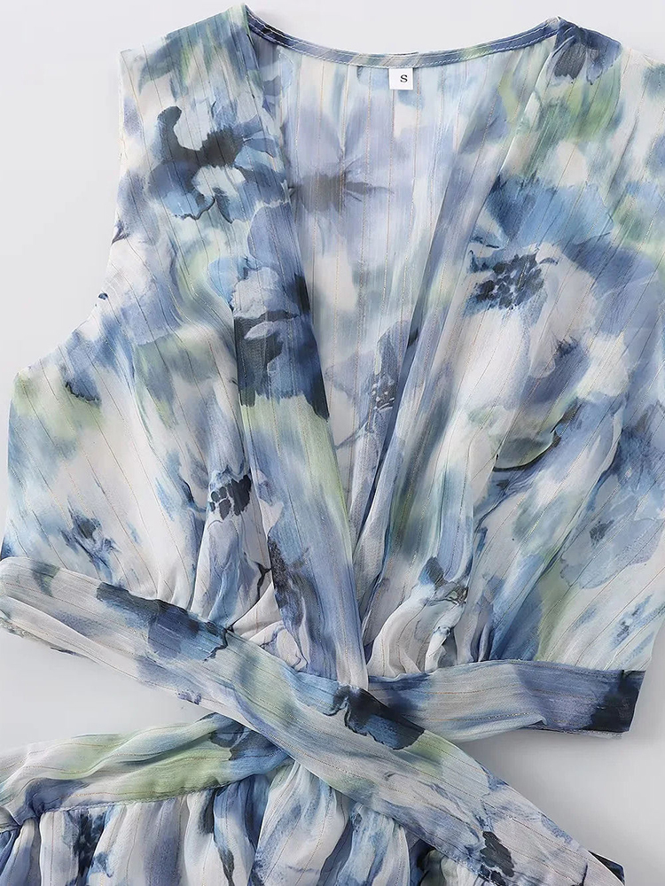 TWOTWINSTYLE Sleeveless Deep V Neck Hollow Out Elegant Print Dress